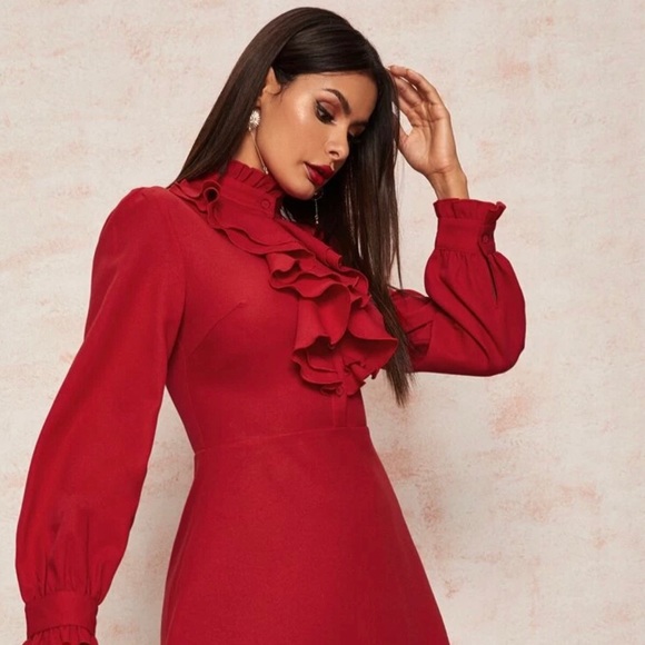 Frilled Neck Bishop Sleeve Ruffle Trim Dress - Picture 1 of 3